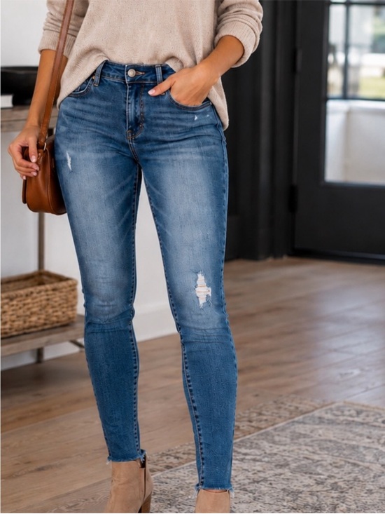 1822 Denim Denim - 1822 Denim Classic High-Rise Skinny Jeans in Medium Blue Light Distressed - 29